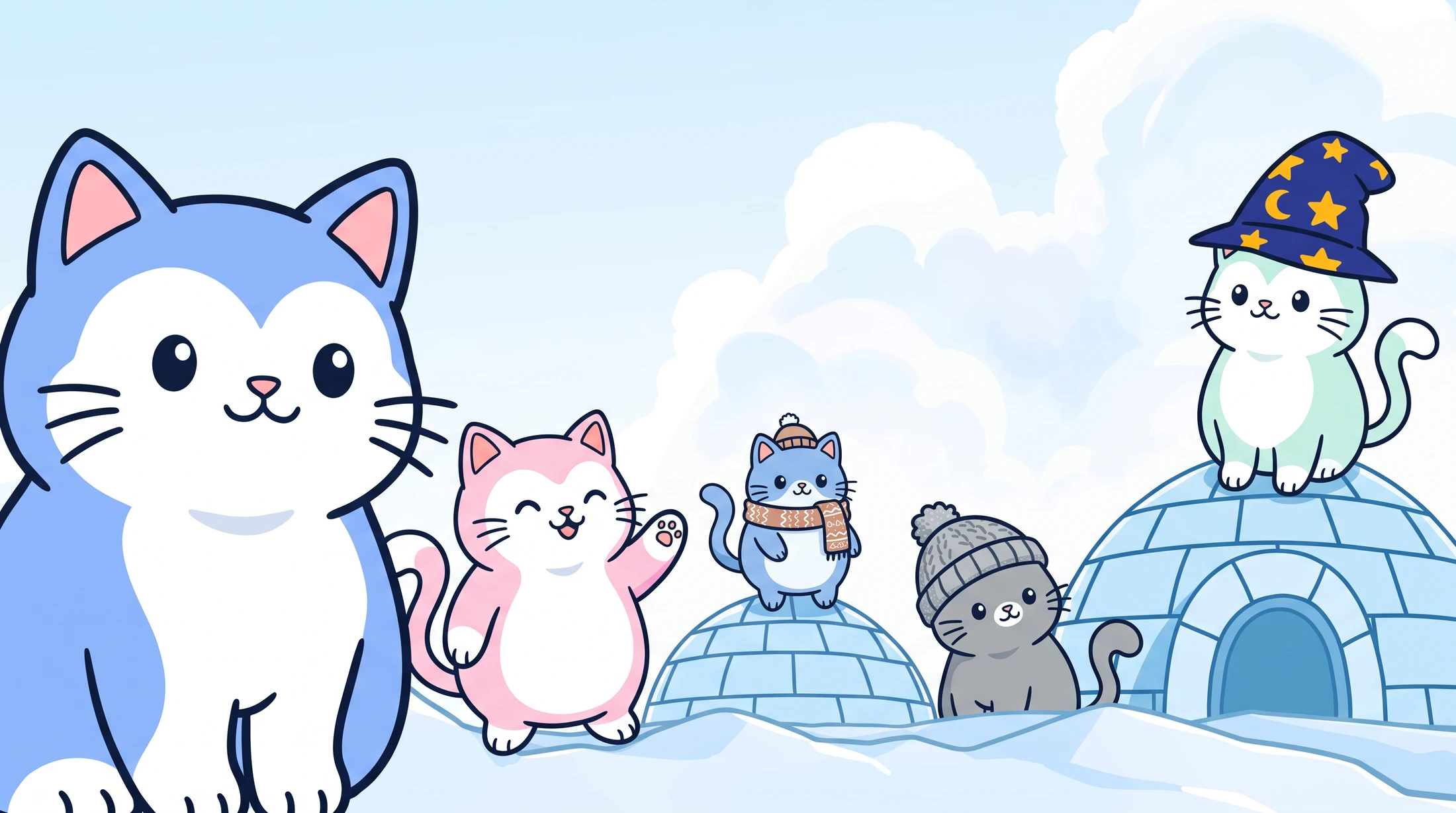 Playful Pudgy Cats gathered around igloos in a snowy world
